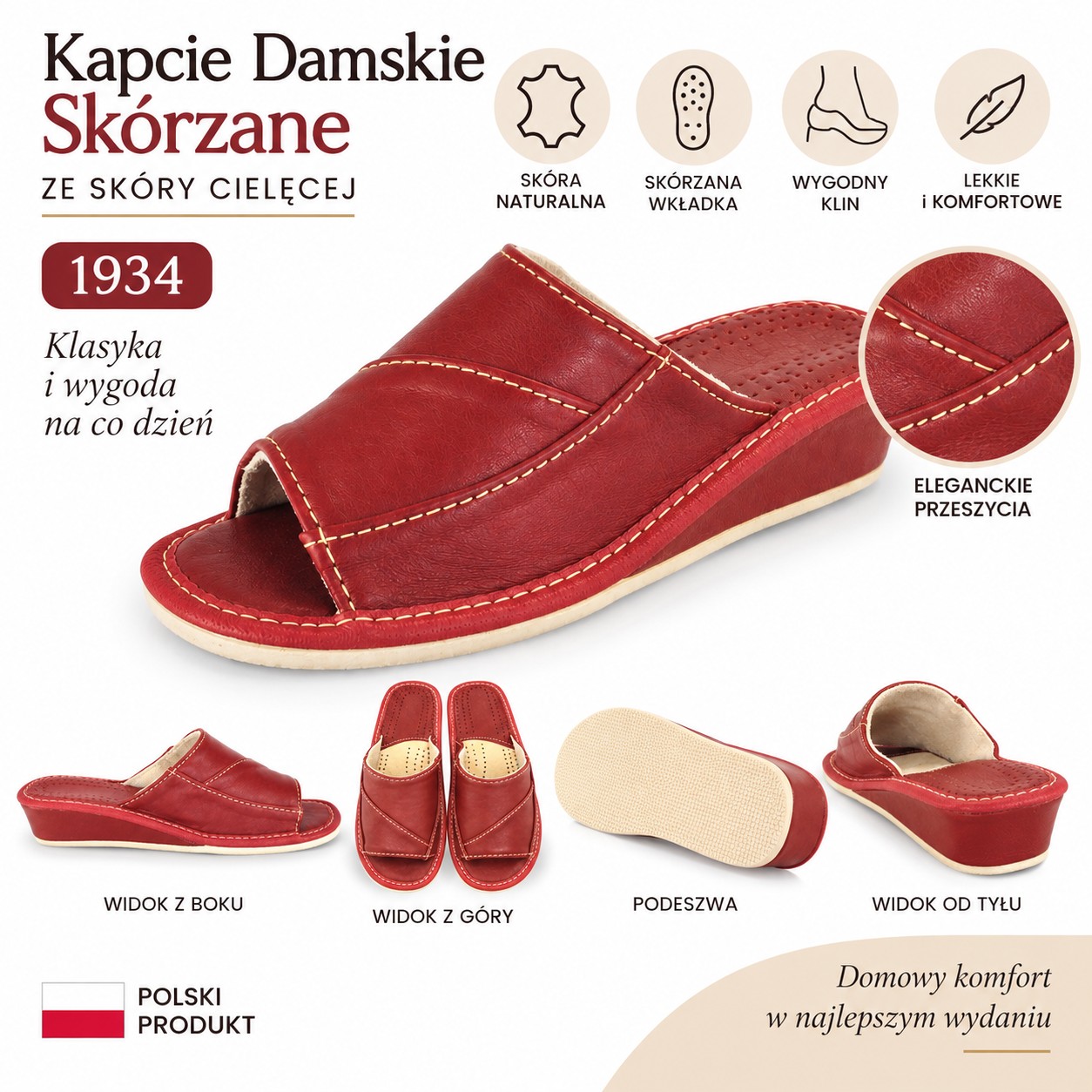 Bordowe pantofle damskie ze skóry cielęcej na wyższym obcasie 1934 – grafika informacyjna